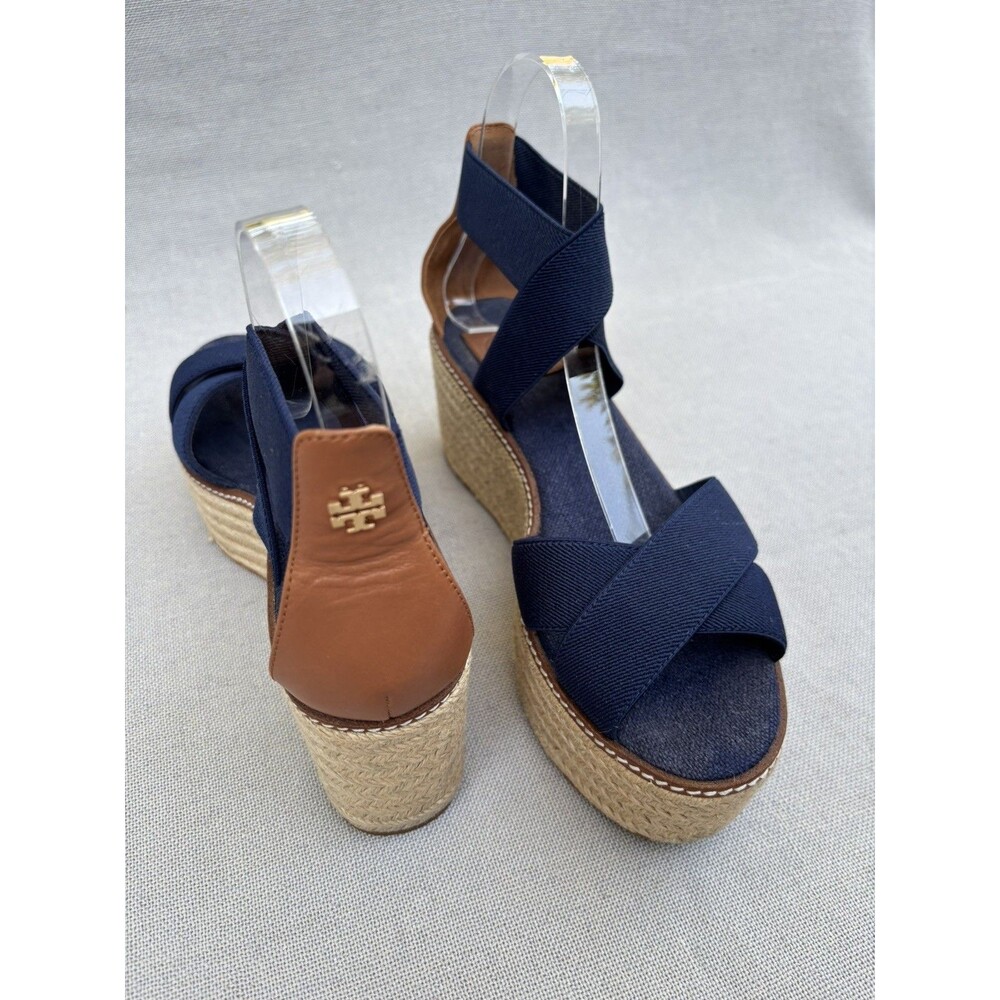 TORY BURCH ESPADRILLES SIZE 8.5 M FABRIC LEATHER BLUE SOLID